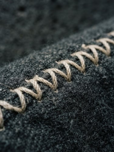 Tight macro shot of heavy-gauge cotton stitching, cool overcast daylight, sharp shadows, desaturated tones, 35mm