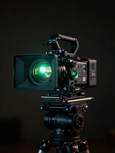 Tight macro shot of a fully rigged cinema camera mounted vertically on a heavy gimbal, low-key dramatic lighting, neon green tally-light reflection, anamorphic lens flare