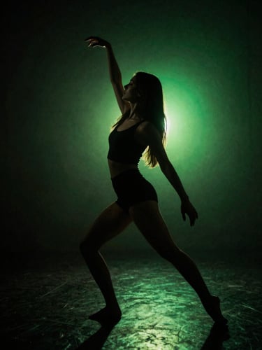 Moody cinematic portrait of a dancer in motion, neon green backlight, high contrast, vertical 9:16 framing