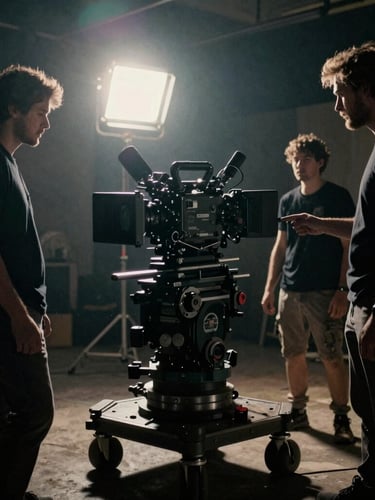 Moody cinematic behind-the-scenes film set, low-key dramatic lighting, anamorphic lens flare, camera crew operating a fully rigged cinema camera on a dolly, dark tones, 35mm film grain.