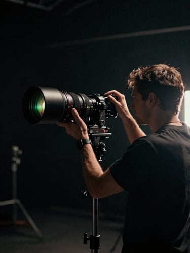 Moody behind-the-scenes shot on a dark soundstage, a cinematographer adjusting a massive anamorphic lens, soft green tally-light reflection, high contrast.