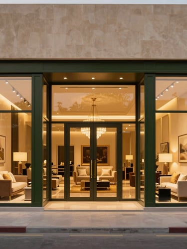 Wide architectural shot of a luxury furniture showroom in Riyadh, grand entrance, warm interior lighting, elegant furniture setups visible through large glass windows, dusk light