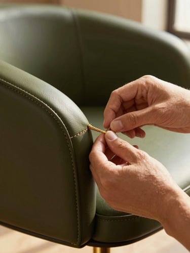 Close-up detail shot of a master craftsman hand-stitching premium leather upholstery on a bespoke chair, warm natural light, focus on rich textures and golden threads, elegant workshop setting
