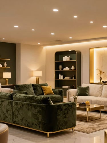 Elegant interior of Konooz Al-Athath showroom in Riyadh, high ceilings, warm spotlights highlighting luxurious modern and classic furniture arrangements