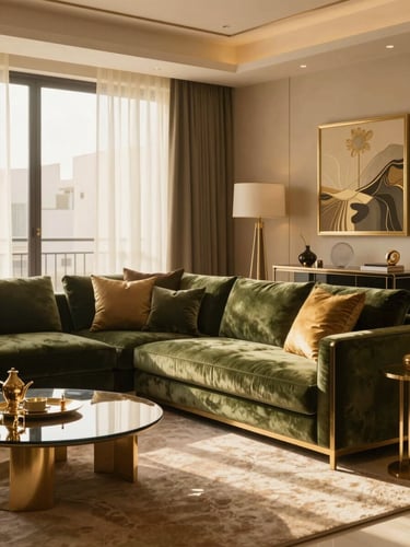 Warm editorial interior photography, soft golden-hour sunlight, deep olive and gold accents, luxurious textures, 35mm lens, showing a bespoke luxury Saudi living room setup in Riyadh.