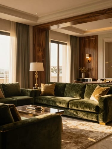 Warm editorial interior photography of a luxurious Riyadh villa living room, soft golden-hour sunlight streaming through large windows, highlighting deep olive velvet upholstery and polished wood textures, 35mm lens
