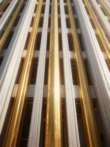 Cinematic game photography of a vast, high-fidelity architectural structure, dramatic volumetric lighting, high-contrast platinum and gold tones