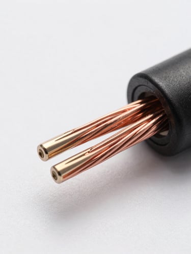 Premium product photography showing macro cross-section of a multi-core copper charging cable with internal shielding, clean white studio backdrop, soft diffused overhead lighting, sharp focus, 85mm lens
