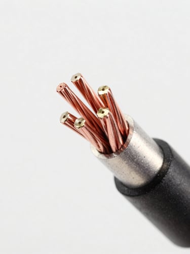 Extreme macro cross-section of a multi-core charging cable, showing pure copper strands, shielding layers, and reinforced core, clean studio lighting