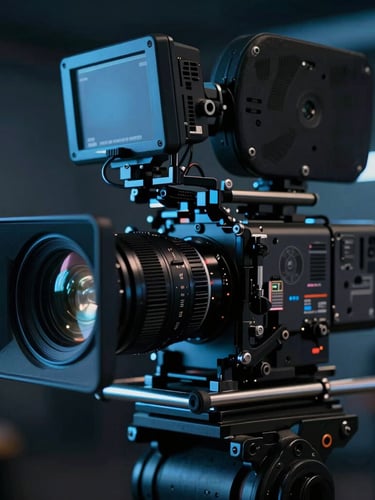 Close-up of a high-end cinema camera rig on set, lens glowing under moody, cool-toned neon accent lights, shallow depth of field, 35mm