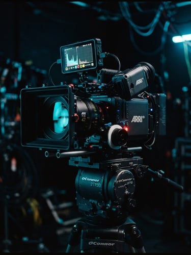 A high-end cinematic camera rig on a dark studio set, glowing cyan accent lights reflecting off the lens, shallow depth of field, 35mm
