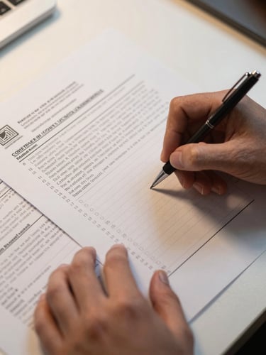 Close-up overhead view of structured financial documents and printed compliance frameworks spread on a clean desk, hands holding a mechanical pencil annotating a numbered checklist, warm tungsten office light casting soft shadows across the paper