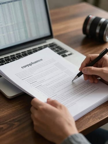 Close-up of hands turning pages of a compliance document on a dark wood desk, north-facing daylight casting soft shadows, financial spreadsheet visible on a laptop screen in the background, shallow depth of field