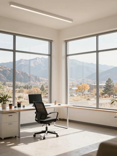 A bright, sun-drenched modern workspace with expansive windows looking out at the Utah mountains, warm morning sunlight, airy high-key lighting, natural soft tones