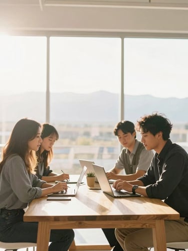 A bright, sun-drenched modern workspace in Utah, a small team of professionals collaborating around a light oak table, warm morning sunlight streaming through large windows, soft high-key lighting, 35mm lens
