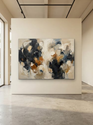 Straight-on architectural photograph of a minimalist, sun-drenched gallery interior with warm cream walls, a single large abstract oil painting displayed under soft natural window light, elegant concrete floor.