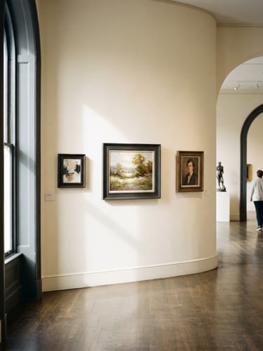 A bright, airy gallery interior with natural window light casting soft shadows on clean cream walls displaying framed oil paintings, architectural framing, 35mm lens