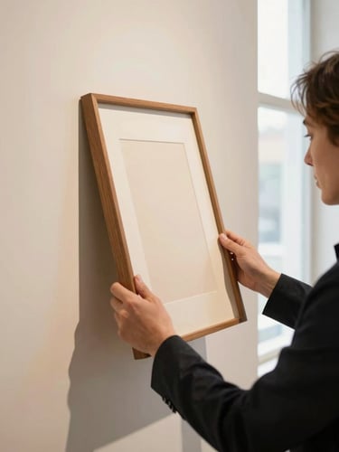 Close-up of an art advisor holding an archival wood frame sample against a warm cream gallery wall, soft natural window light, elegant hands.