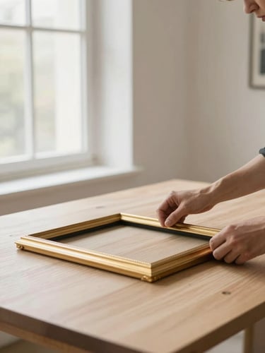 Portrait shot of an artist's hands carefully measuring a custom gold frame on a clean wooden table, soft natural side lighting, focused and elegant, 35mm lens