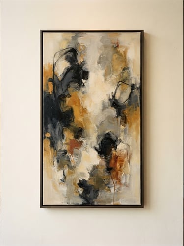 Elegant gallery photography, a tall portrait of a beautifully framed abstract oil painting hanging on a warm cream wall, soft natural window light, architectural framing, 35mm lens