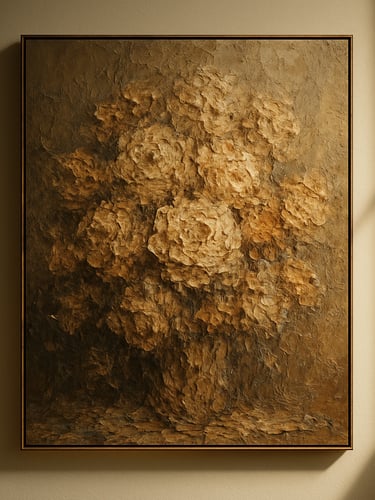 Elegant gallery photography, a large oil painting with thick impasto texture hanging on a warm cream gallery wall, soft side lighting casting delicate shadows, 35mm lens