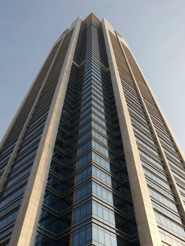 Wide-angle architectural shot of a modern glass and steel skyscraper in Riyadh under bright daylight, deep navy shadows, clean geometric lines