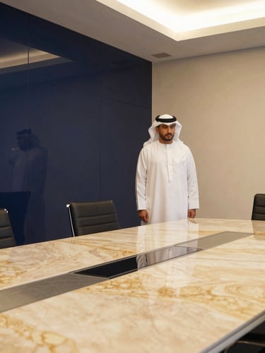 Close-up of a premium glass and steel corporate boardroom in Doha, warm interior lighting reflecting on a polished marble table, sharp focus, editorial financial style