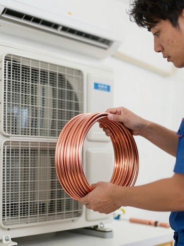 Professional technician in clean uniform working on copper coils of a split AC unit, bright indoor residential lighting, close-up, sharp focus