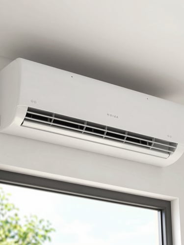 A clean, modern window air conditioner unit installed in a bright residential room in Noida, natural daylight, sharp focus on the cooling vents, 35mm lens