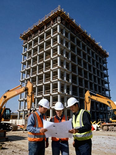 Engineers reviewing blueprints on an active civil construction site, heavy machinery in background, sharp daylight, high contrast, wide-angle lens.