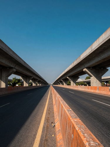Wide-angle shot of the Ranchi Ring Road Extension, showing multiple lanes, overpasses, and robust concrete barriers, high-contrast daylight, leading into the horizon, deep blue and industrial orange tones.