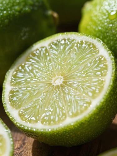Macro close-up of fresh Mexican limes cut in half, glistening with juice under harsh natural Texas sunlight, deep green textured skins, dark shadows.