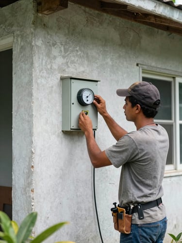 Close documentary shot of an electrician reading a meter panel mounted on an exterior wall of a concrete home in Trinidad, natural daylight, worn paint and tropical vegetation visible at the frame edge, no people facing camera