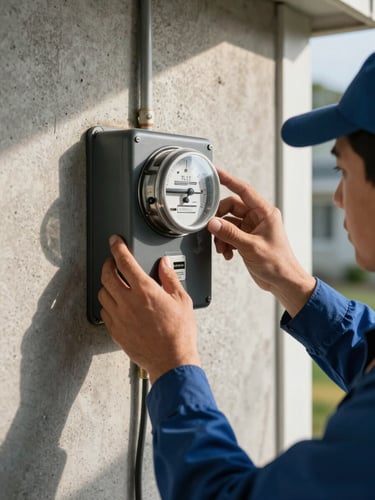 Close-up of an electrician's hands reading a utility meter mounted on an exterior wall of a concrete T&T home, natural late-morning daylight casting warm shadows, meter dials sharp in focus, worn paint visible on the wall behind