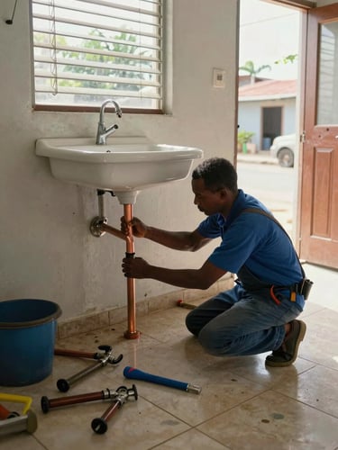 Wide environmental shot of a plumber fitting copper pipe under a sink in a Chaguanas home, mid-morning light through a jalousie window, tools spread on tile floor, documentary framing with the street visible through the open front door in background