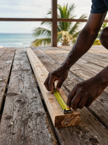 Carpenter measuring timber on a Scarborough veranda, Tobago, late-morning light across weathered wood boards, sea visible in the far background through palm trees, close framing on hands and tape measure, documentary unfiltered tone
