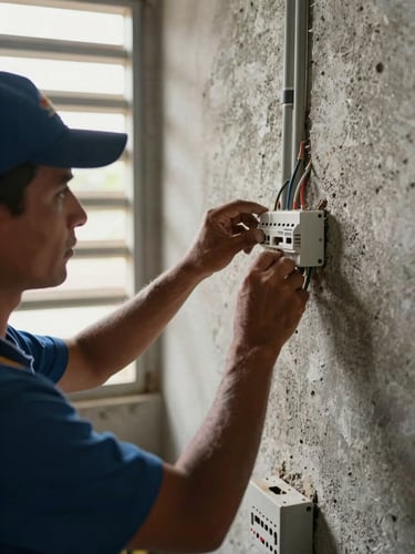 Close-up of an electrician's hands tracing conduit along a concrete wall in a Port of Spain workshop, natural morning light entering from a louvred window to the left, exposed wiring and junction box in foreground, warm documentary tone