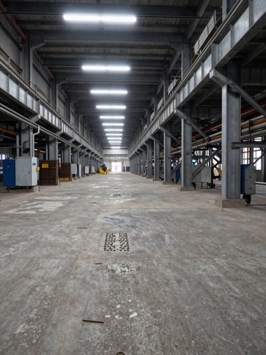 Wide panoramic view looking down a heavy industrial factory floor under overhead fluorescent lighting, raw concrete slab exposed at left with rebar detail visible, structural steel columns receding to right third, no people, shot from eye-level with strong perspective lines