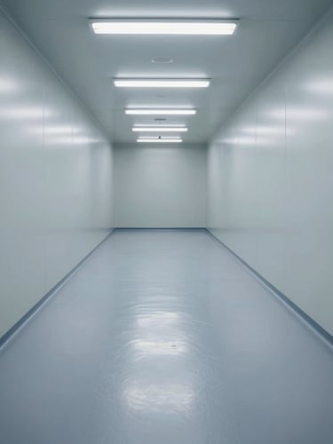Eye-level view inside a pharmaceutical cleanroom corridor, polished epoxy floor gleaming under cool white fluorescent overhead panels, smooth grey coating surface with zero texture variation, sterile industrial environment, no people, north-facing daylight supplementing fluorescent, framed to show floor expanse leading to far wall