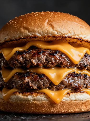 Extreme close-up of a monumental double smash burger with dripping cheddar cheese, glistening seared beef, dark moody background, dramatic side lighting