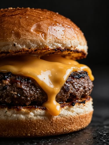 Extreme close-up of a glistening seared smash burger with melting yellow cheddar cheese dripping down the side, dramatic high-contrast side lighting, dark moody background, macro lens