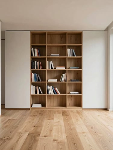 Strict straight-on architectural elevation of a minimalist Swiss living room, seamless transition between light oak flooring and smooth off-white walls, large window with diffused alpine daylight, elegant bespoke built-in bookshelf.