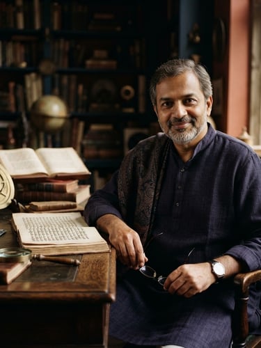 Editorial portrait of Dr. Gurunath Yadav, a distinguished Indian man in his late 40s, seated at a polished wooden desk in a scholarly study, surrounded by ancient manuscripts and brass instruments. Soft window light from the right illuminates his face, casting gentle shadows. Deep terracotta and ink-blue tones, shallow depth of field, 35mm.
