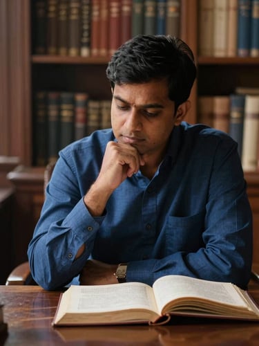 Dr. Gurunath Yadav in his dignified study, seated at a dark wooden desk, engaged in deep contemplation over an open Lal Kitab text, warm library light, editorial portraiture, shallow depth of field, rich ink-blue tones.