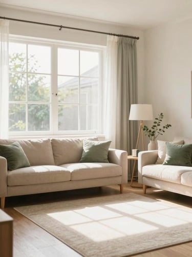 Bright editorial photography of a beautifully organized living room, soft natural morning daylight streaming through a window, warm beige and sage green accents, clean airy interior, 35mm