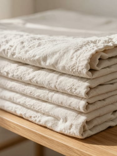 Close-up of neatly folded linen sheets on a wooden shelf, soft morning light, clean textures, warm neutral tones, shallow depth of field