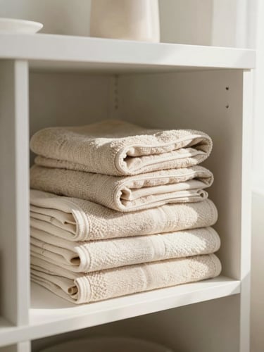 Bright editorial photography of a beautifully organized laundry room cupboard with folded beige linen towels, soft natural morning daylight, warm tones, shallow depth of field