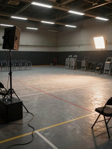 Wide environmental shot of an empty battle venue during setup, overhead fluorescent and side-strobe lighting casting long shadows across the marked floor grid, folded chairs stacked at the perimeter, a sound system cable running diagonally from foreground to a speaker tower, no people present