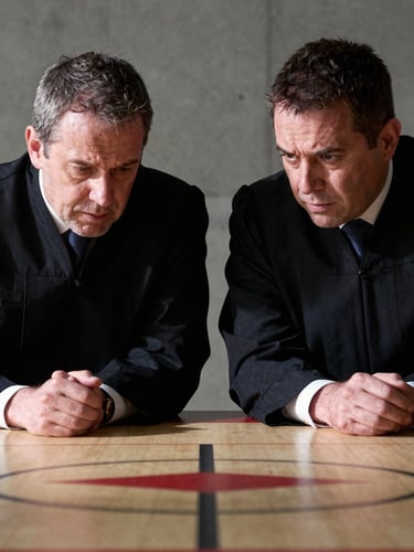 Torso-level close-up of two judges leaning forward over a table, arms resting on the surface, both concentrating on the battle floor below frame, harsh side-angle strobe light casting sharp shadows across their focused faces, muted concrete background