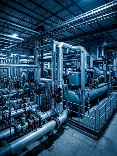 Wide environmental shot of a massive industrial chiller plant with complex steel piping manifolds, illuminated by high-contrast cool blue technical lighting, sharp focus, 35mm